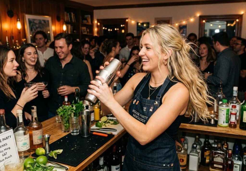 Energetic Houston bartender serving guests at a packed house party with a sign-in cocktail menu