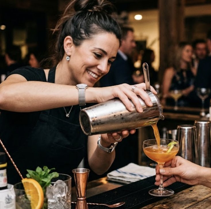 Professional female bartender pouring a craft cocktail from a shaker into a guest's coupe glass at a Houston private event