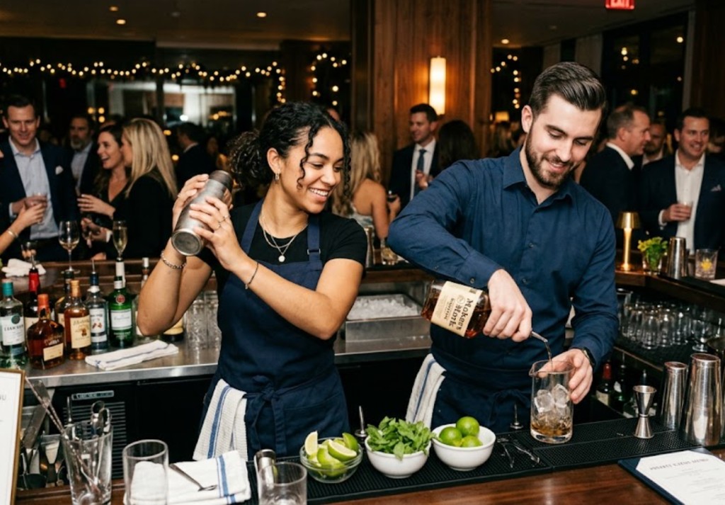 Male and female Houston bartender team working together at a formal event