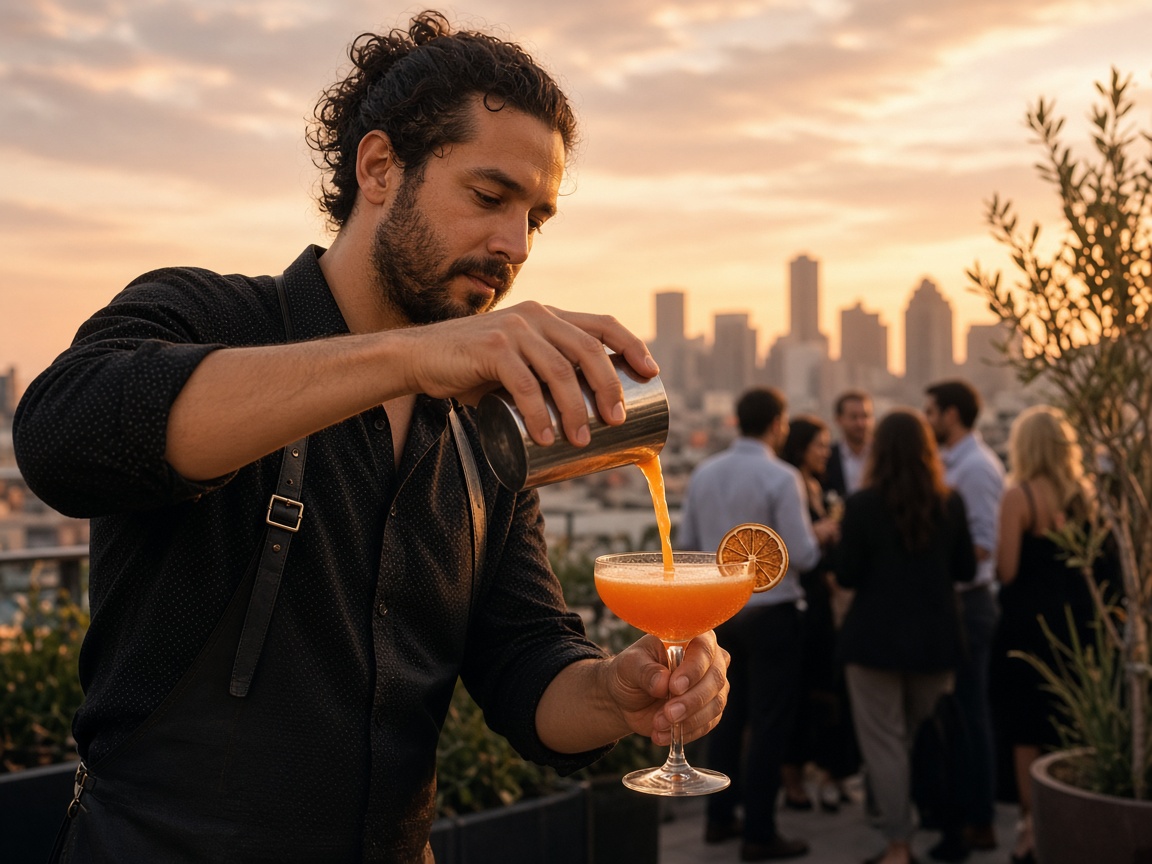 Bartender pouring at a Houston rooftop event