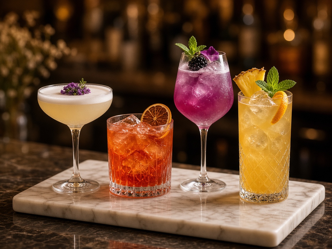 Four cocktails on marble tray