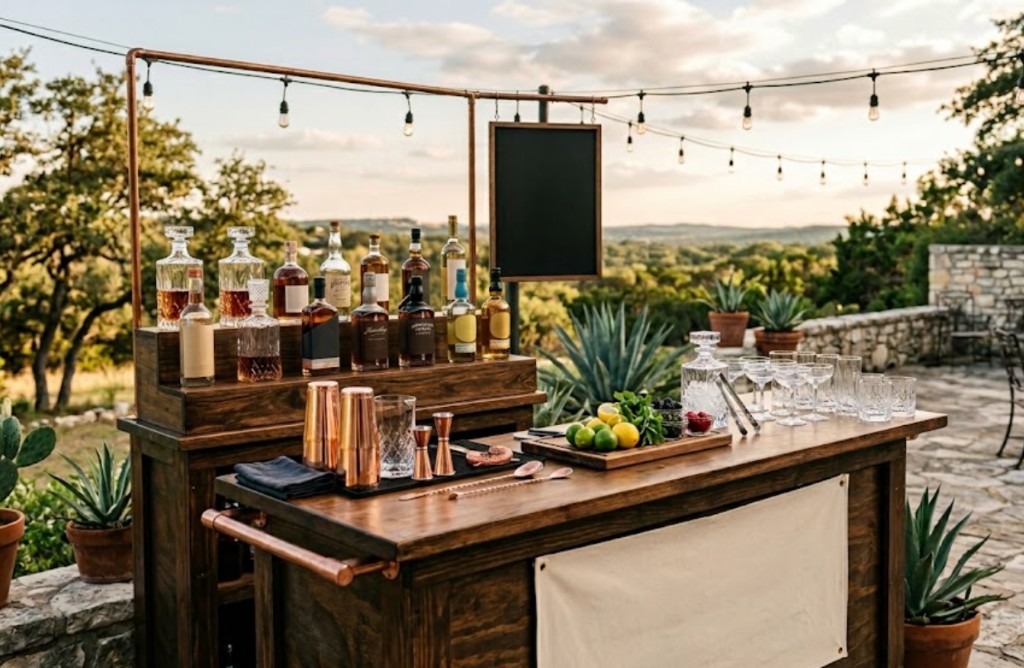 Elegant outdoor mobile bar with copper pipe frame, premium spirits, and string lights overlooking the Texas greater Houston metro