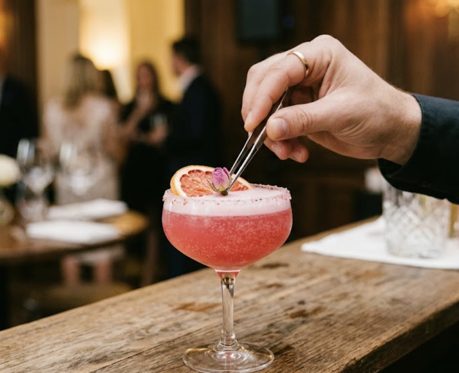 Pink craft cocktail with floral garnish at an elegant Houston celebration