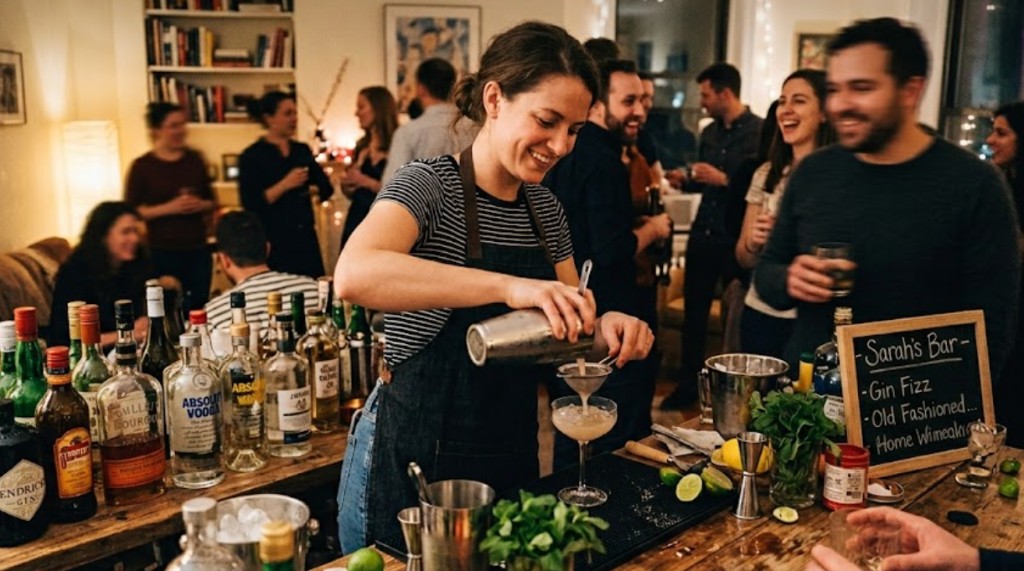Houston bartender pouring a martini at a private party bar with a custom cocktail menu board for guests