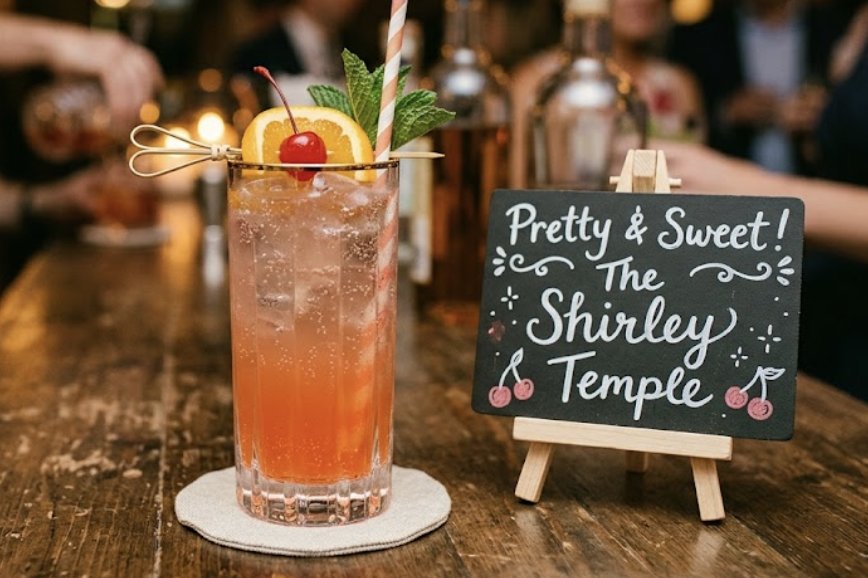 Signature Shirley Temple mocktail with cherry and orange garnish at a Houston celebration — pretty drinks for every guest