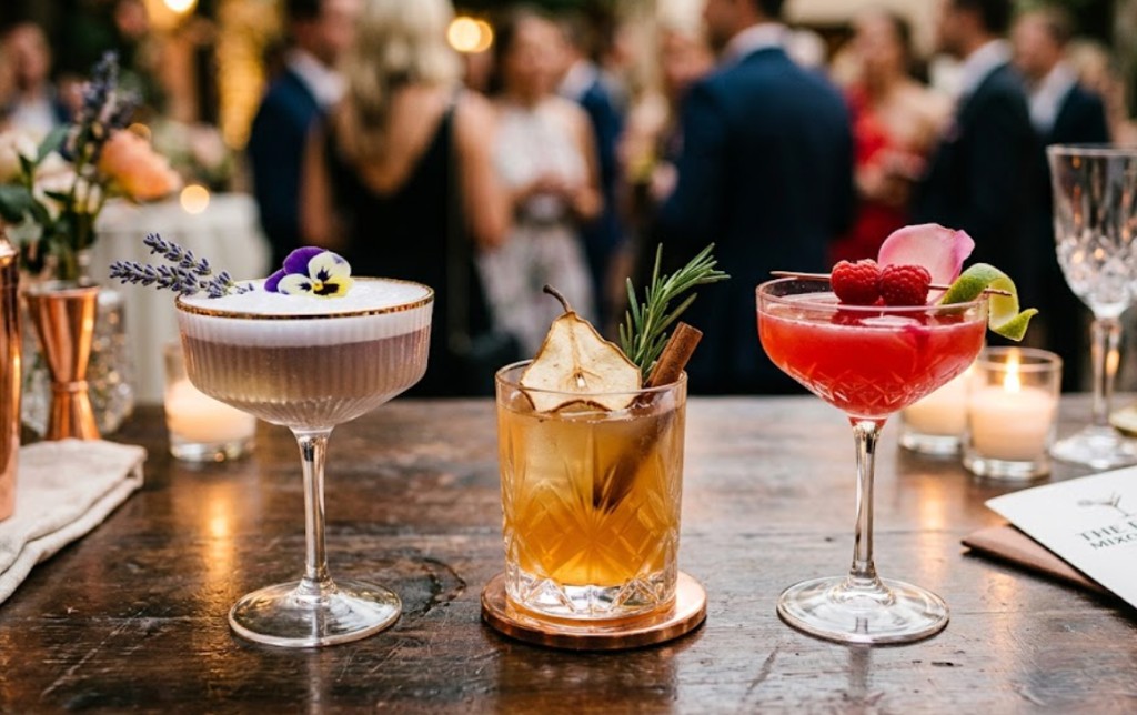 Three craft cocktails on a wooden bar